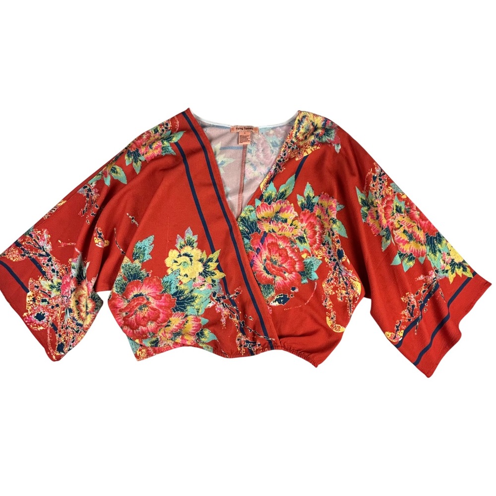 Flying Tomato Womens Red Floral Wrap Crop Top Kimono Sleeve V-Neck Small